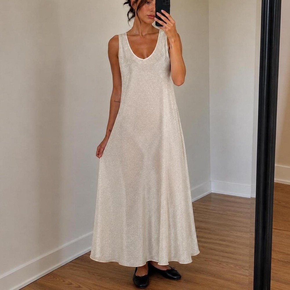 Vintage Eaton Ivory Satin Maxi Dress Floral Women XL Coquette Quiet Luxury Fairy